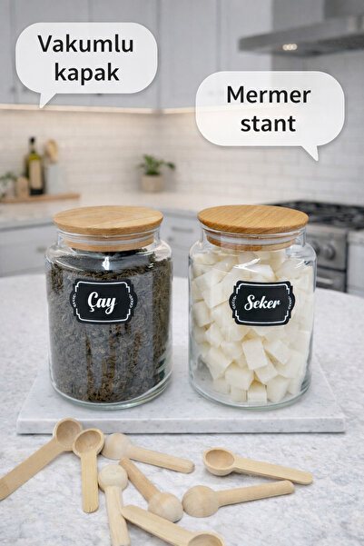 LİNGO HOME 2 Pieces of Marble Stand Vacuum Lid Glass Spice Jar Set (890Cc) - ...