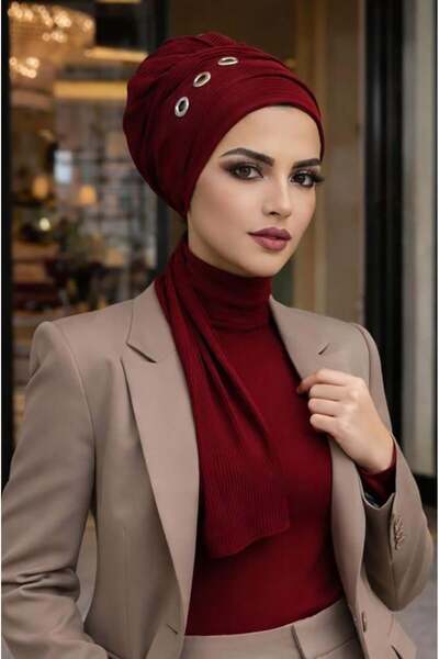 Aişe tesettür Burgundy Metal Detailed Scarf Bonnet
