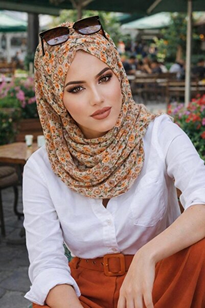 Aişe tesettür Vizon Bej Çiçek Desenli Hazır Şifon Şal