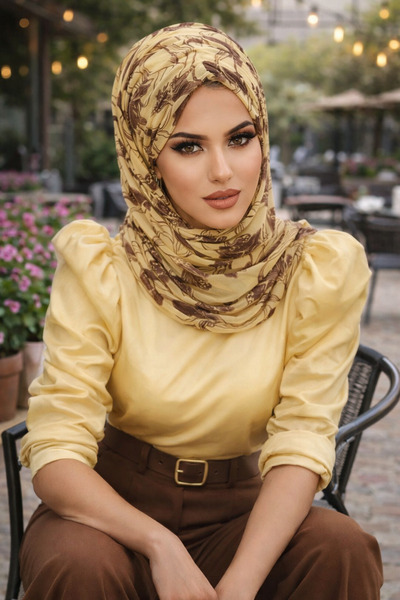 Aişe tesettür Şal gata cu model de flori galbene maro pastel