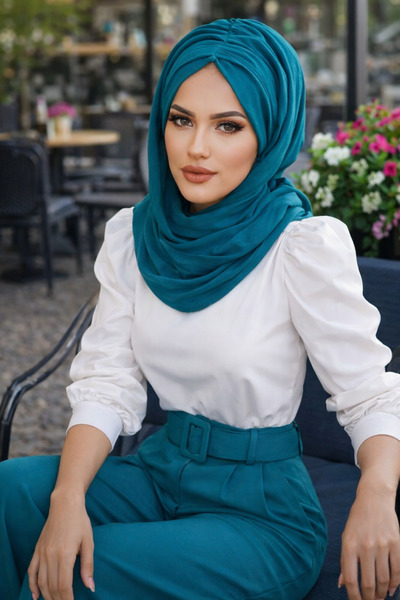 Aişe tesettür Petrol Büzgülü Hazır Şal