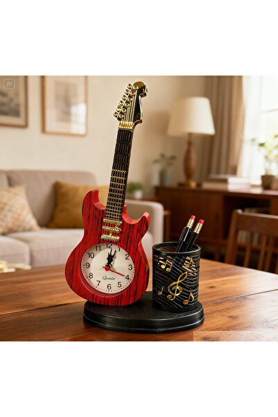 DEKORATİF GİTAR ŞEKLİNDE ALARMLI MASA ÜSTÜ SAAT KALEMLİK