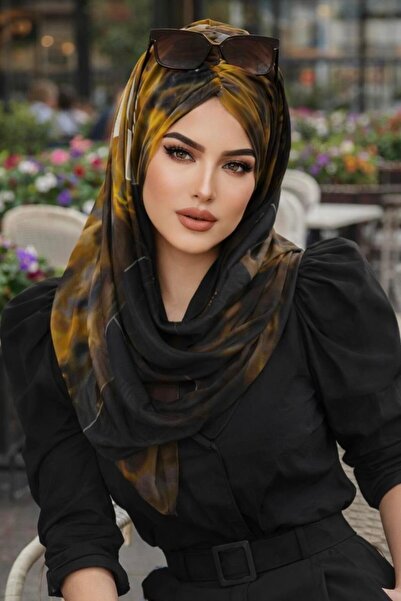 Aişe tesettür Siyah Hardal Batik Desen Hazır Şal
