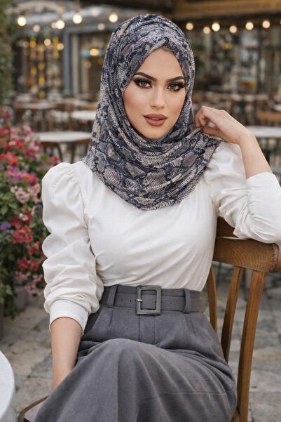 Aişe tesettür Black Beige Snakeskin Pattern Ready Shawl