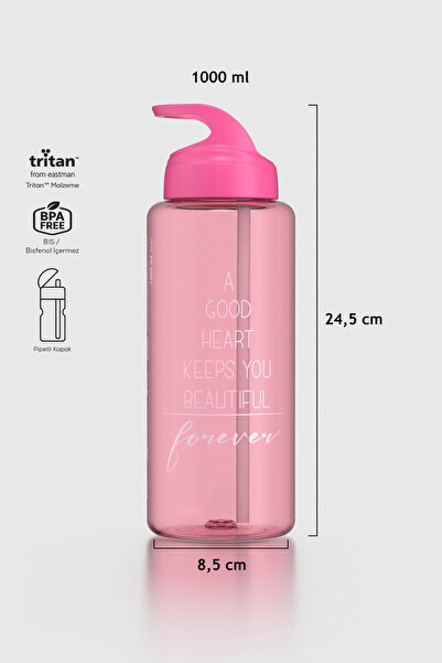 Renga Moly Yazı Desenli 1000 ml Pipetli Tritan Matara 912139 Fuşya