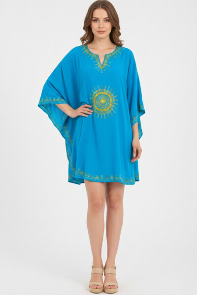 Deriderim Turkuaz Şile Bezi Yarasa Kollu Işlemeli Kısa Yazlık Astarsız Plaj P...