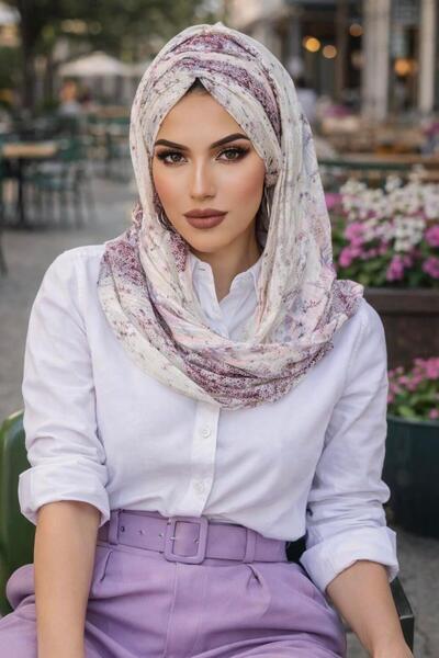 Aişe tesettür Mürdüm Ekru Desenli Hazır Şifon Şal