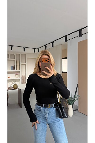 Sezgi Tekin Wide Collar Black Cotton Basic Blouse