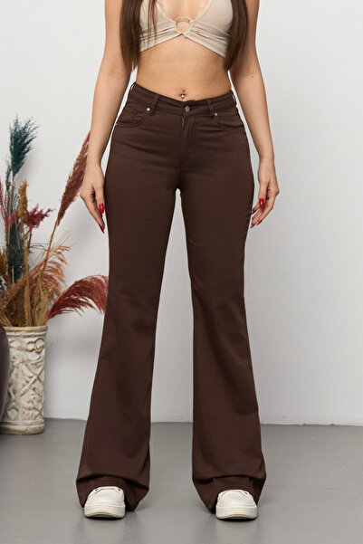 BİKELİFE Pantaloni maro cu talie înaltă, elastici/Lycra, cu picior larg