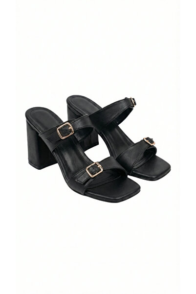 uqpe Belvia Double-Strapped Buckle Detailed Heeled Mule Slippers - Black Real