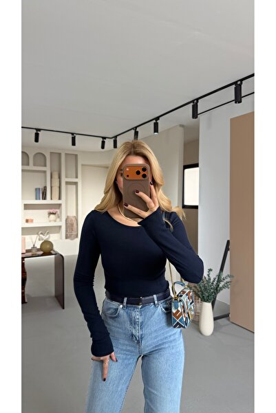 Sezgi Tekin Wide Collar Navy Blue Cotton Basic Blouse