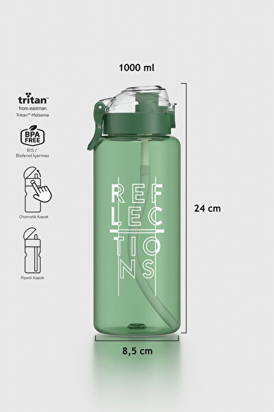 Renga Saga Loop Yazı Desenli 1000 ml Pipetli Tritan Matara 912173 Yeşil