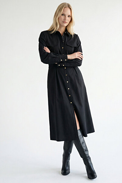 Exquise Shirt Collar Long Sleeve Pocket Regular Button Midi Dress