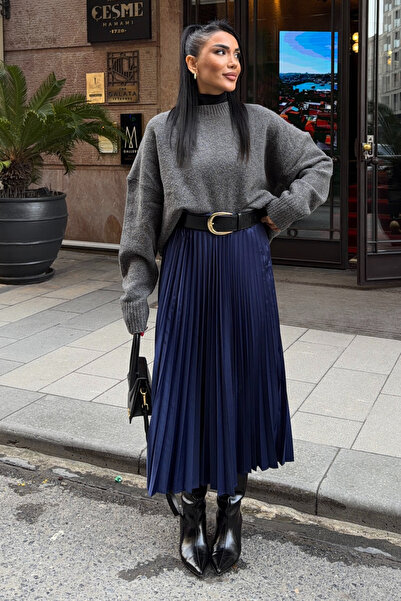 Lijuri Fusta midi din satin plisat albastru marin 4064 R4-B-K5