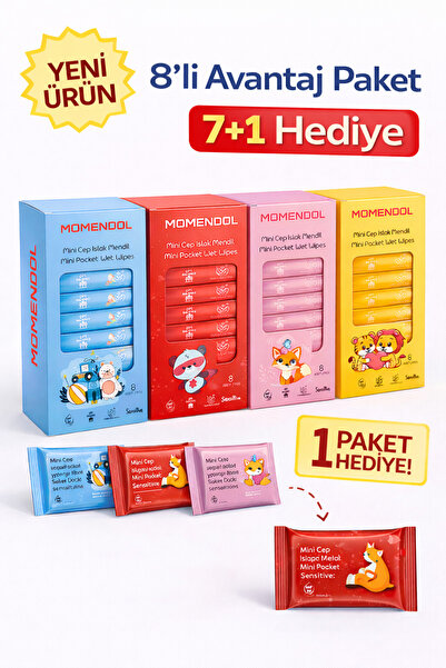 momendol Mini Cep Islak Mendil 8’li Avantaj Paket (7+1 Bedava) Taşınabilir Çanta Boy Cep Tipi