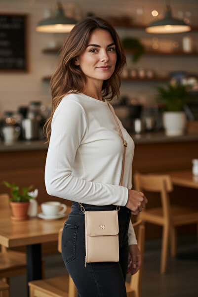 Universal Bej Kadın Çapraz Askılı Telefon 3 Bölmeli Cüzdan Çanta