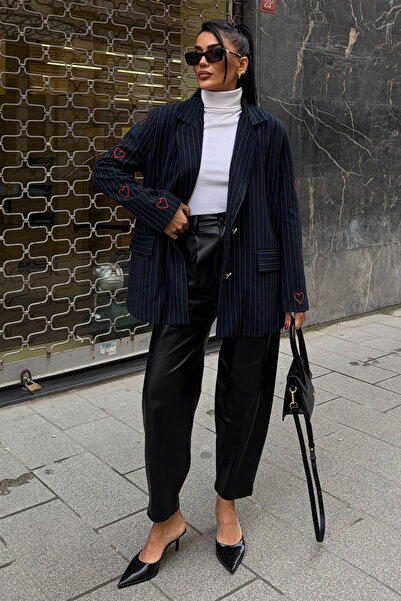 Lijuri Jachetă blazer cu dungi cu broderie inimă albastru marin 6144 R4-A-K5