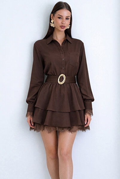 Trend Alaçatı Stili Women's Brown Single Pocket Skirt Layered Lace Detailed B...