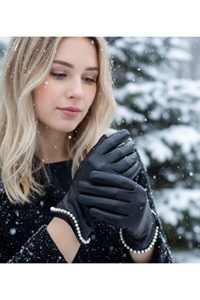 Axesoire 14706 İnci Detaylı Siyah PU Deri Eldiven