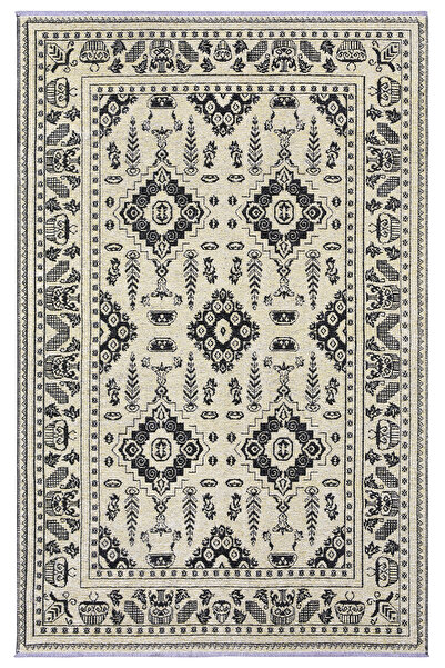 MYHOME HALI Moretti Afgan Desenli Bej Siyah Yıkanabilir Salon Koridor Halısı