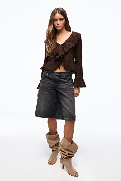 Bershka Fırfırlı rustik uzun kollu bluz