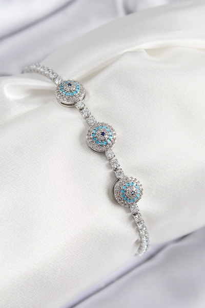 Skygo Brass Zircon Stone Evil Eye Model Silver Color Women's Bracelet - Tj-Bb...