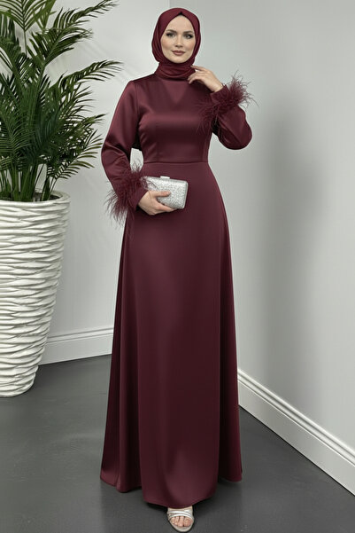 eren büyük beden Kolu Tüy Detaylı Saten Tesettür Mezuniyet Abiye Davet ve Niş...