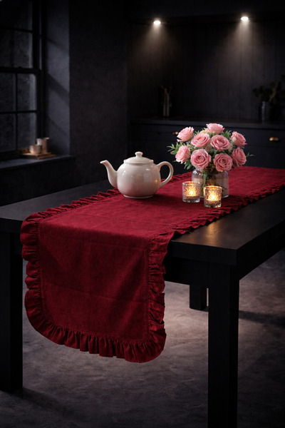 ÇIQRIK HOME Natural Fırfırlı Vintage Bordo Runner Ranır 40x110 Cm