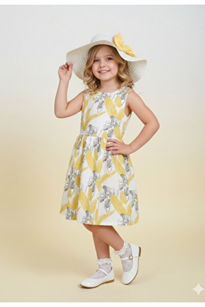 Serkon Rochie țesută cu decorațiune cu fundă cu curea pentru fetiță cu pălărie