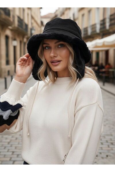 Axesoire 14618 Çift Taraflı İçi Kürklü Siyah Süet Bucket Şapka