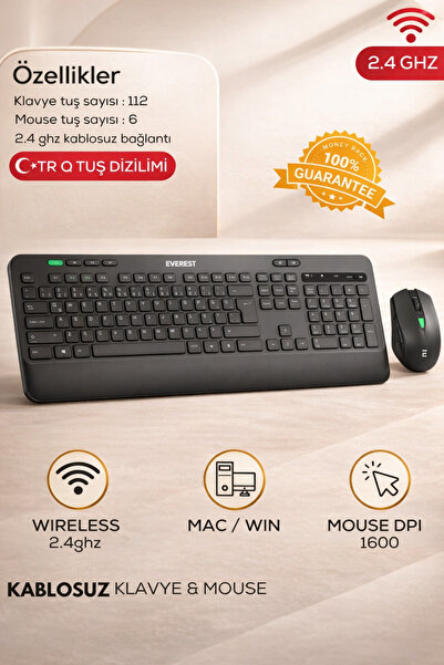 Maybax Siyah Usb Sessiz Switch İnce Kablosuz Q Multimedia Klavye + Mouse Set