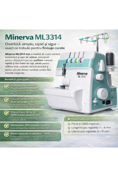 Minerva Masina de cusut Overlock ML3314, 13 programe, functie surjet, 1200 im...