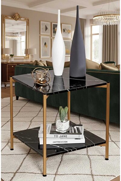 TrentonGCC Luxury Black Marble Side Table with Gold Metal Frame – Modern 2-Ti...