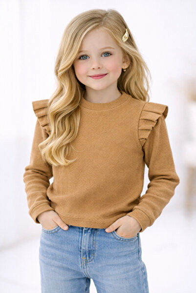 özge başaran Kız Çocuk, Kız Bebek Likralı, Fırfırlı Omuz Uzun Kollu Tişort Pa...