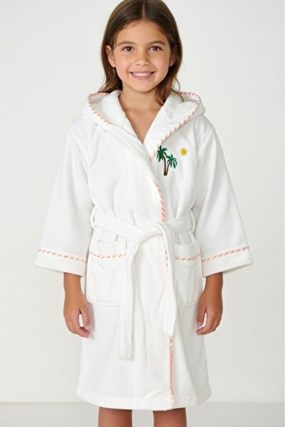 Mulberry Bayaz Triga Kapüşonlu Pamuklu Çocuk Bornozu - Palmiye Nakışlı