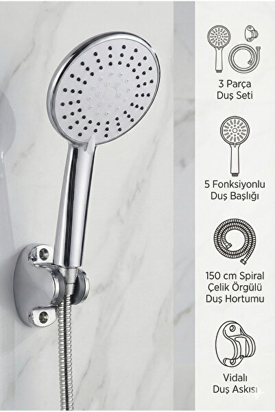 Plodna House Kaliteli 5 Fonksiyonlu Büyük Boy Krom Duş Başlığı 150cm Örgülü H...