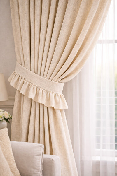 perde plus ستارة خلفية من الكتان على الطراز البوهيمي باللون البيج - بأجنحة وا...