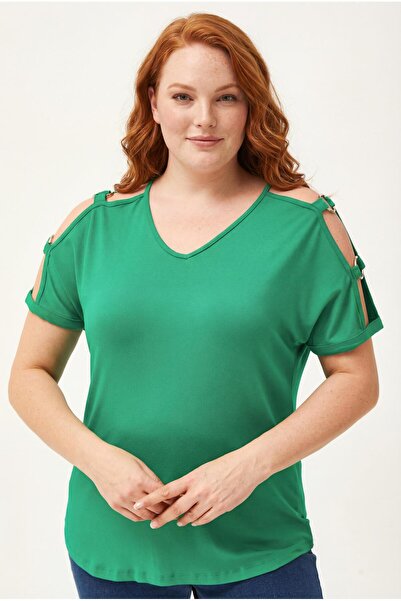 Ebsumu Γυναικεία Πράσινη Μπλούζα με Δαχτυλίδι ώμου Plus Size