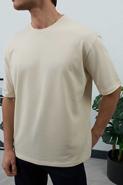 Wonraces Tricou pentru bărbați, bej, oversize, basic, cu gât crew, din bumbac...