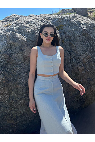 My Blog Gray Cotton Button Detailed Crop Vest Skirt Suit - 8361