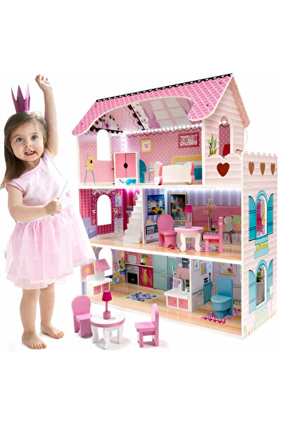 indiggo Căsuță de Păpuși din Lemn Indiggo® cu LED, 3 Niveluri, 5 Camere, Mobi...