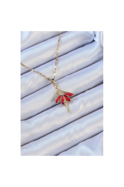 Skygo 316L Steel Chain Gold Color Red Skirted Zircon Stone Ballerina Necklace...