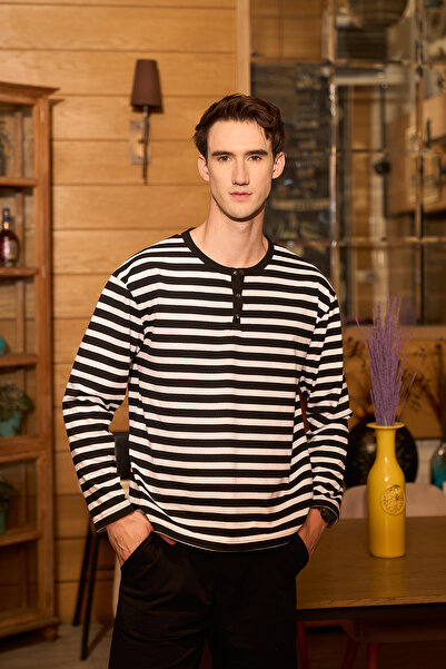 defys Tricou cu mânecă lungă, cu detaliu snap, cu dungi, pentru bărbați, negr...