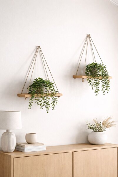 VOBU HOME & LIFE DESIGN 2 Adet Ahşap Duvar Rafı, Pinterest Tarzı Raf, Hasır A...