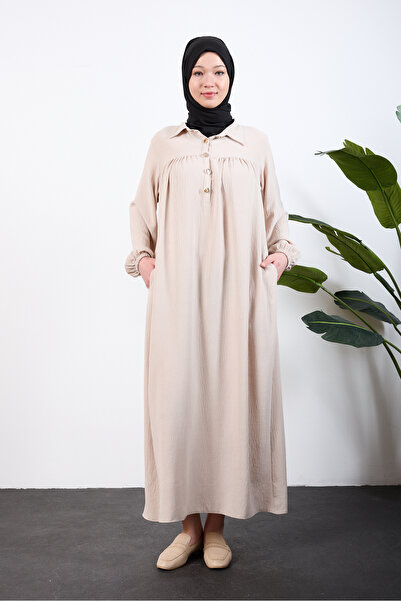 OKTAYUSTA COLLECTİON Önü Yarım Pat Düğmeli Gömlek Yaka Robalı Mevlana Elbise Bej