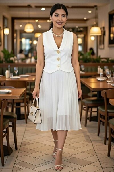 ZISHAN Button Detailed Pleated Luxury Evening Dress – V-Neck Stylish Design |...