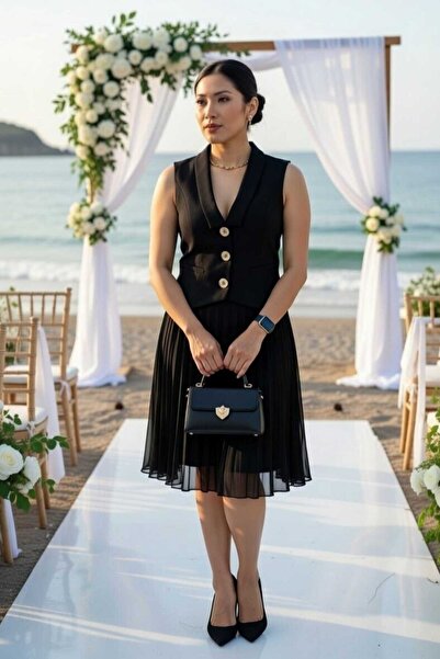 ZISHAN Düğme Detaylı Piliseli Lüks Abiye Elbise – V Yaka Şık Tasarım | Mezuni...