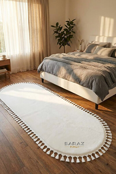 SARAZ HALI Puffy Beyaz Oval Örgü Saçaklı Peluş Yumuşacık Yıkanabilir Kaymaz T...