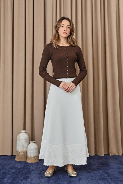 Puane Kadın Etek Ucu Dantelli Açılımlı Etek - 18267ETK - ECRU