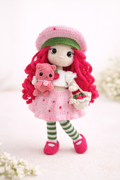 elviano Çilek Kız Amigurumi el örgü bebek 35 Cm